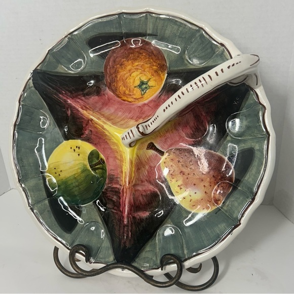 Vintage Ceramic Snack Serving Platter 3 Section Handle Fruit Handpainted Italy